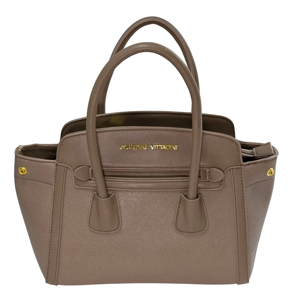 Adrienne Vittadini Taupe Saffiano Faux Leather Satchel‎ Handbag Gold Hardware